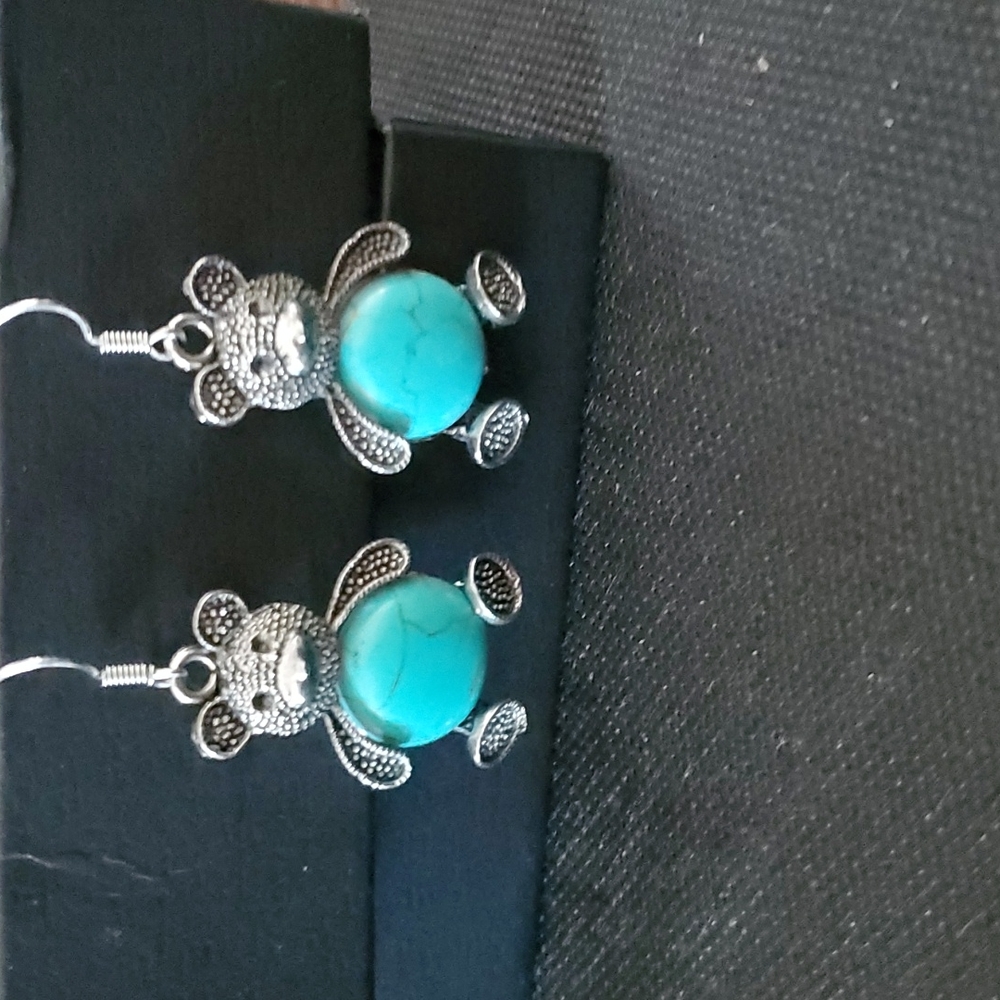 SILVER TONE AND TURQUOISE CUTE TEDDY BEAR EARRINGS